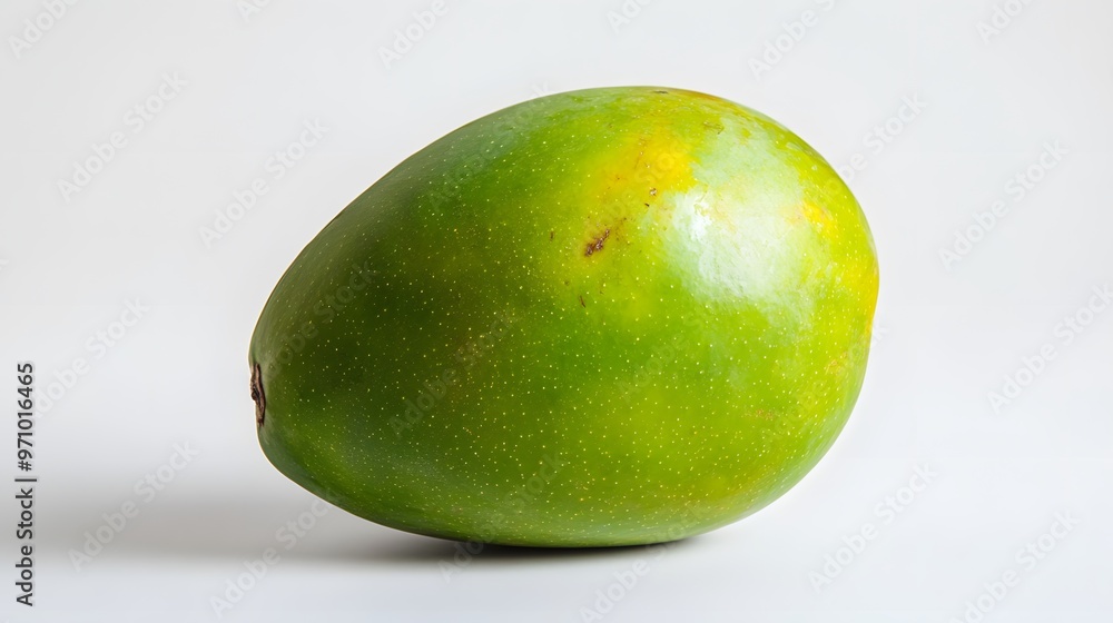 A vibrant green mango isolated on a white background, highlighting its smooth skin texture and gradient colors under focused studio lighting for high-definition fruit photography.