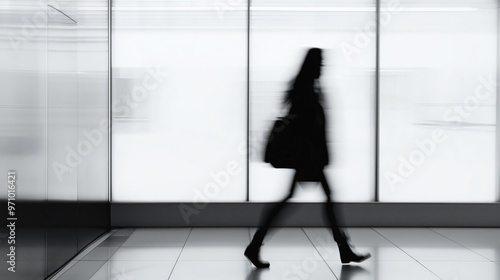 Fototapeta Naklejka Na Ścianę i Meble -  Silhouette of a person walking in minimalist modern space for fashion or travel concepts