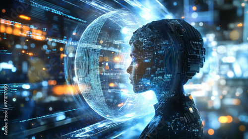 The human figure, surrounded by digital data streams and network interfaces, symbolizes the merging of mind with technology, where the boundary between man and machine is blurred.