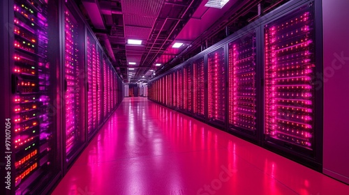 a Server racks in a data center, illustrating the technology and infrastructure behind modern computing.