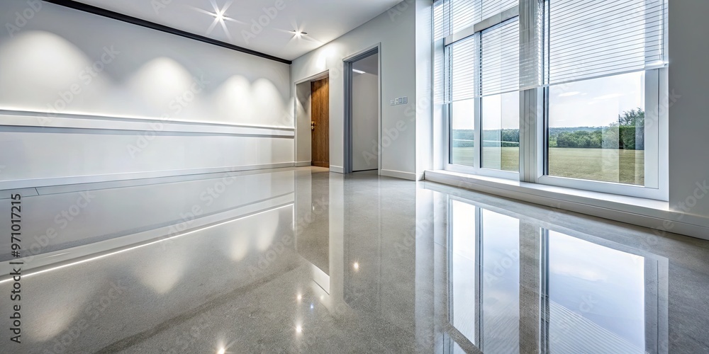Clean-lined, low-profile baseboards in a sleek, high-gloss finish seamlessly integrate with polished concrete floors in a minimalist, modern interior design aesthetic. Clean-lined, low-profile baseboards in a sleek, high-gloss finish seamlessly integrate with polished concrete floors in a minimalist, modern interior design aesthetic.