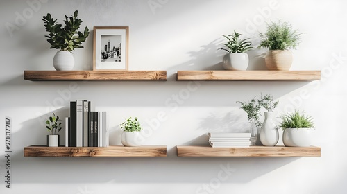 Floating wooden shelves mounted on a textured white wall display decorative items like plants and framed photos, emphasizing a modern interior design with natural lighting.