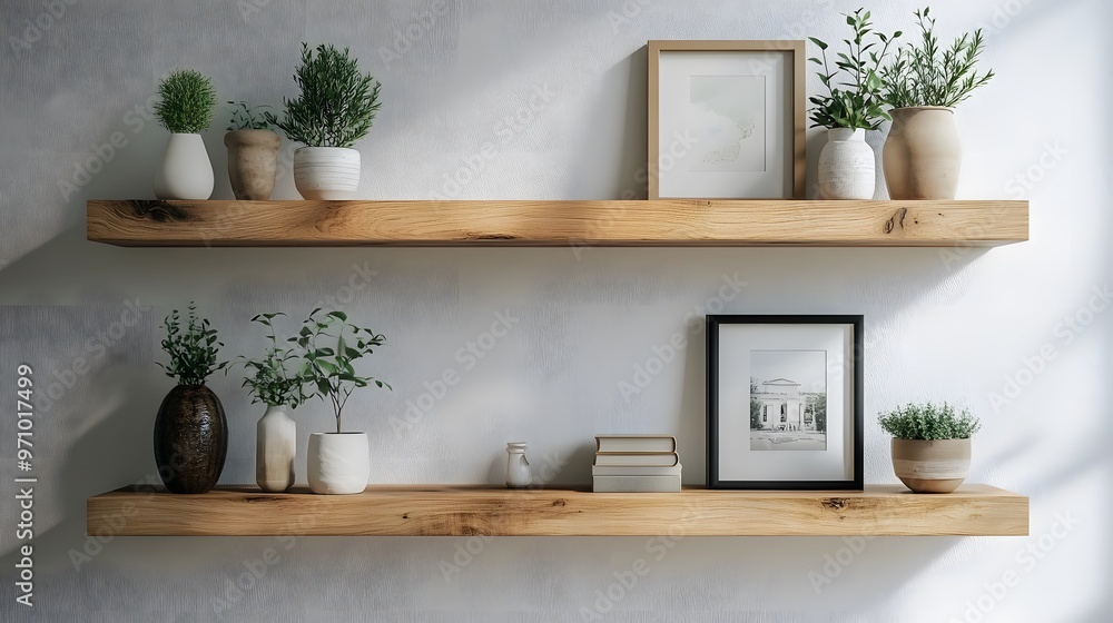 Floating wooden shelves mounted on a textured white wall display decorative items like plants and framed photos, emphasizing a modern interior design with natural lighting. Floating wooden shelves mounted on a textured white wall display decorative items like plants and framed photos, emphasizing a modern interior design with natural lighting.