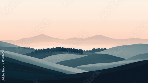 Abstract Landscape Painting With Soft Light Fading Over The Horizon And Hills Featuring Trees In The Background