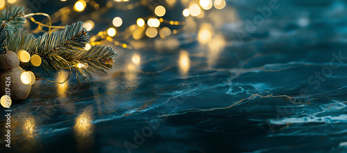 Conceito de iluminação e decoração para festas - Guirlanda de Natal com luzes bokeh sobre fundo azul escuro e mesa de mármore dourado. photo