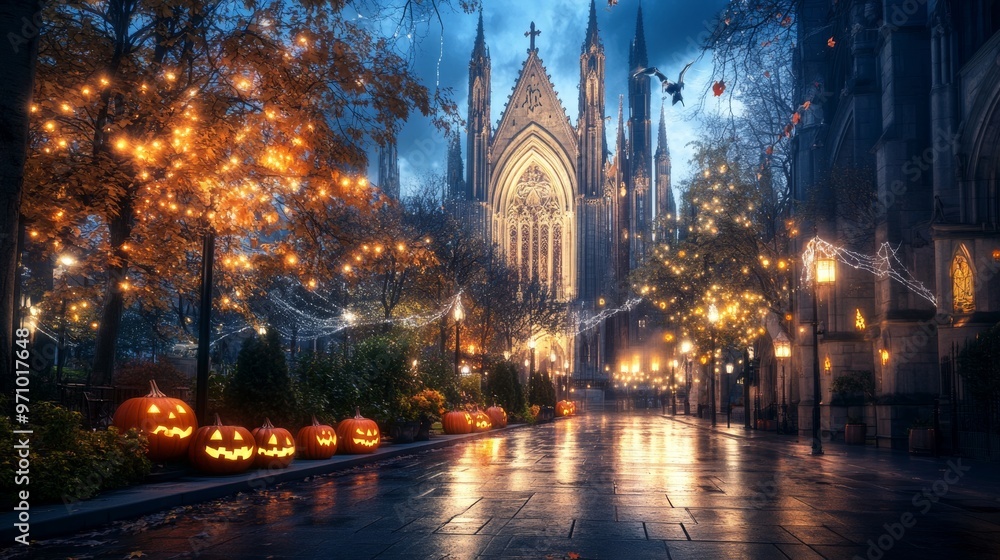 Naklejka premium Gothic cathedral decorated for Halloween spooky lighting