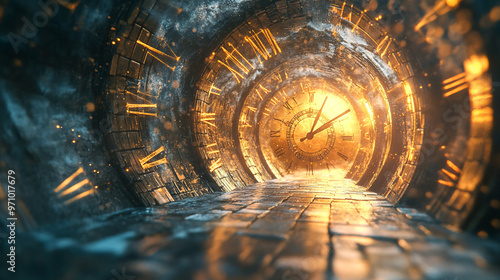 An impressive tunnel with a giant clock at its end symbolizes a time spiral. Bright rays of light illuminate the path, making you think about eternity. photo