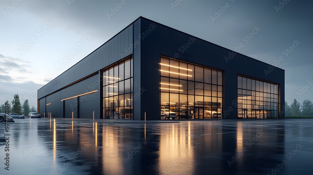 A modern industrial building with a dark gray exterior and floor-to-ceiling windows, reflecting a clear sunny day and minimalist architectural lines for a striking visual. A modern industrial building with a dark gray exterior and floor-to-ceiling windows, reflecting a clear sunny day and minimalist architectural lines for a striking visual.