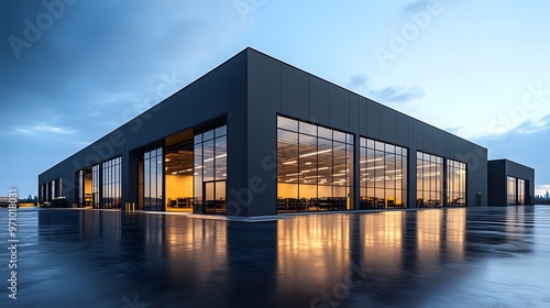 A modern industrial building with a dark gray exterior and floor-to-ceiling windows, reflecting a clear sunny day and minimalist architectural lines for a striking visual.