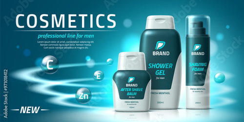 Men cosmetic products, shower gel with shaving foam and after shave balm packages, vector ad poster template. Men skincare cosmetics bottle mockups with vitamins bubbles and menthol fresh fragrance