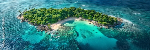 An enchanting tropical island featuring diverse flora and surrounded by turquoise sea, complete with rocky formations and a hidden beach creating a pristine hideaway. photo