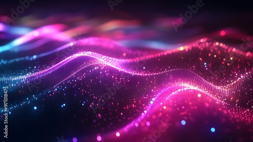 Neon-lit abstract wave of vibrant particles in motion