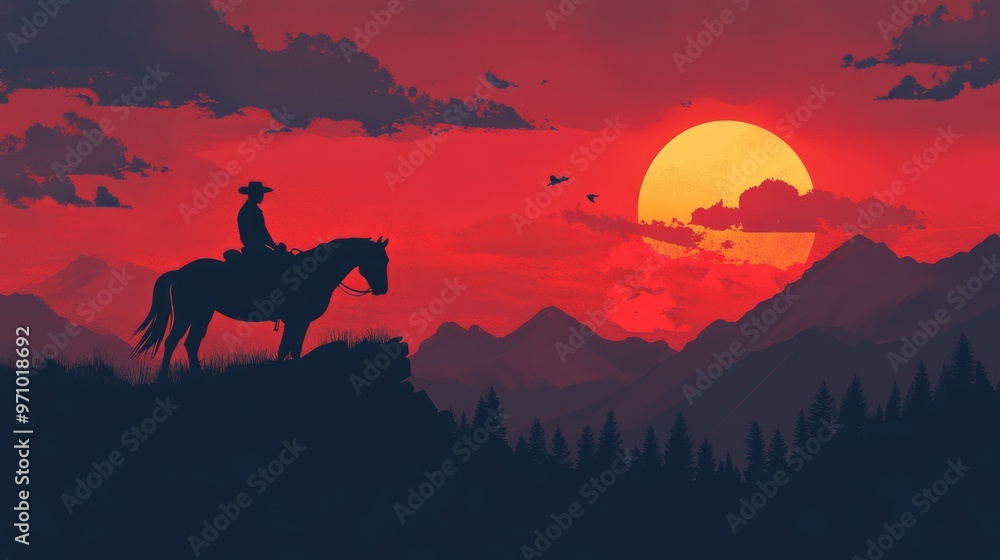 Fototapeta premium Cowboy And Horse On Mountain Watching Sunset Rider And Stallion Admiring Vibrant Red Sky And Clouds Silhouettes In Wild Nature