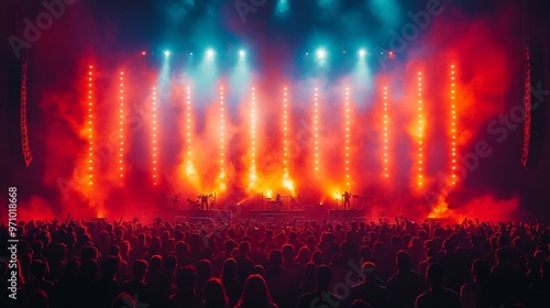 this Rock festival scene with energetic crowd and stage lights, highlighting the excitement of live music events.