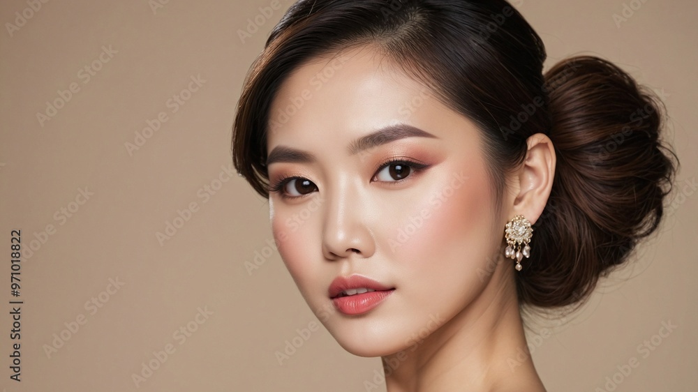 Fototapeta premium アジア風メイクが際立つ美しい女性が、ベージュの背景で豪華な魅力を放つポートレート。生成AI
