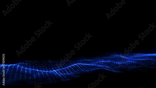 Abstract wave with blue light on black background. Science background with moving dots. Network connection technology. Digital structure with particles. 3d rendering.