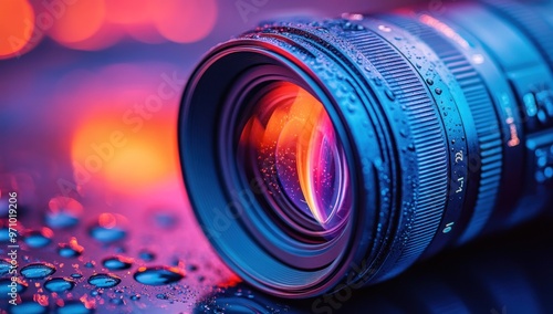 Camera Lens with Water Drops Close-up