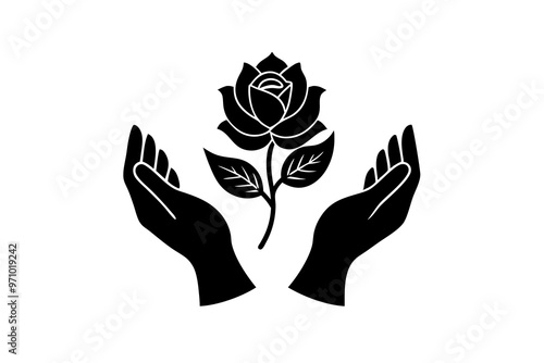 Hands holding and protecting. Design elements with hands which hold rose, silhouette black vector art illustration