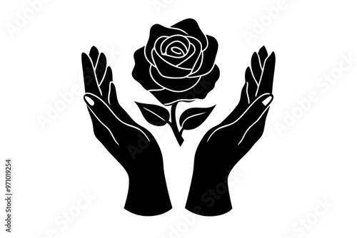 Hands holding and protecting. Design elements with hands which hold rose, silhouette black vector art illustration