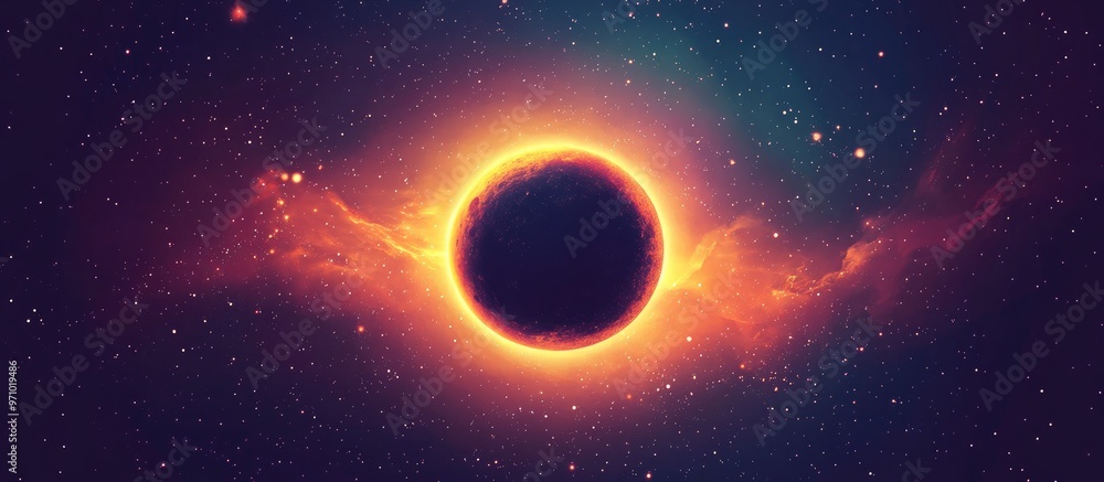 Naklejka premium Mysterious Stunning Fantasy Solar Eclipse Formation In Deep Space Planets In Orbit At Center Stars Light With Thin Gas Flare In Magical Background