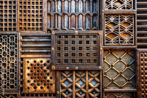 CLOSE UP OF METAL GRILLS IN VARIOUS SHADES AND PATTERNS, SHOWCASING TEXTURES AND DESIGNS, WITH SOME GRILLS HAVING BURNT OR RUSTED ELEMENTS. photo