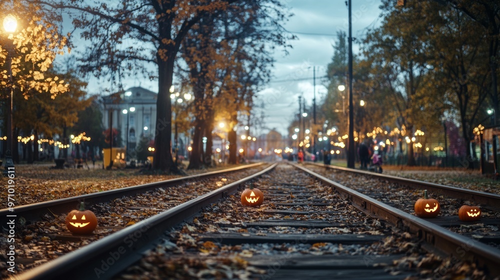 Fototapeta premium Halloween carnival at an abandoned train station spooky lights flickering