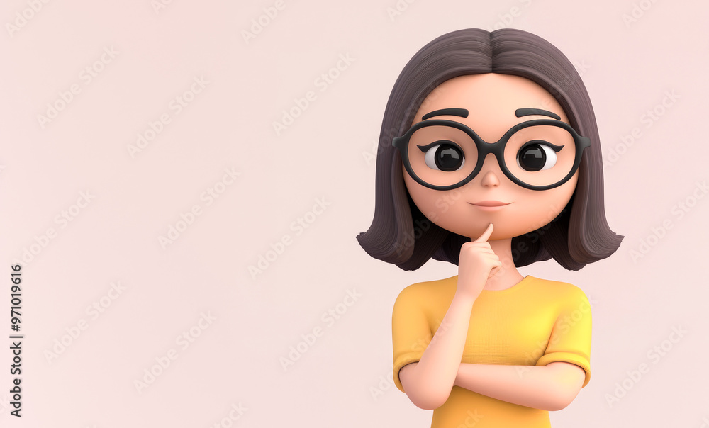Digital illustration of a woman wearing glasses, with a thinking pose, displaying intelligence and curiosity on a soft background. Digital illustration of a woman wearing glasses, with a thinking pose, displaying intelligence and curiosity on a soft background.