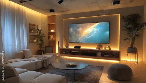 cozy and stylish TV room with soft lighting and modern decor