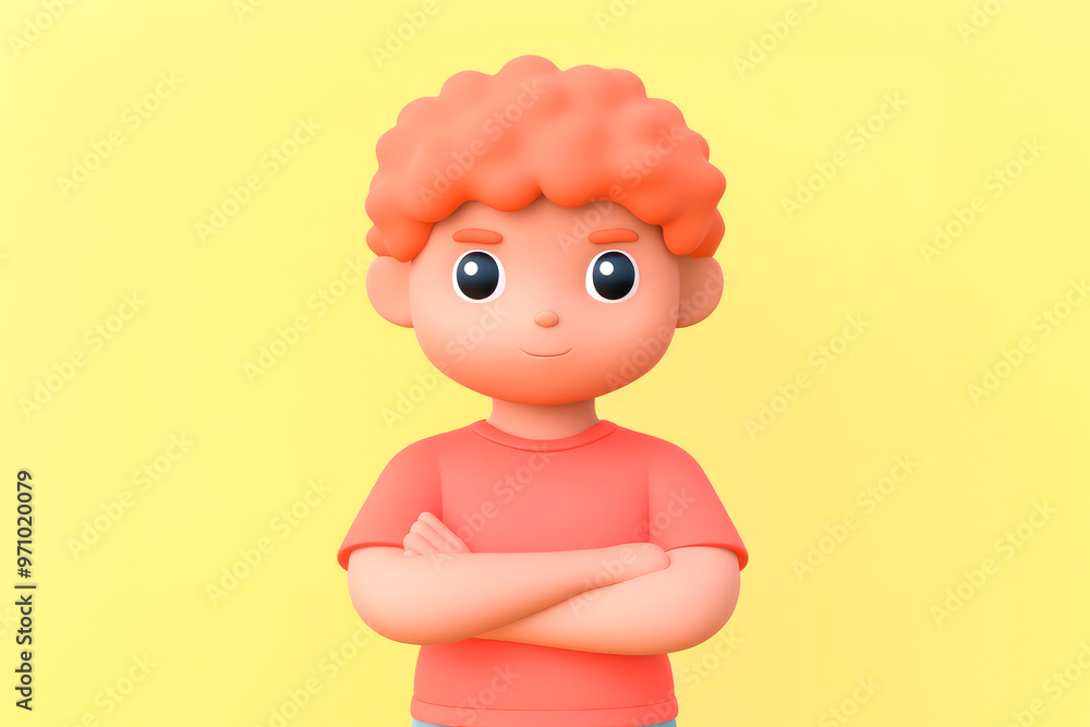 A young boy with curly hair crossing his arms, portraying a stern and serious demeanor. Background is bright yellow. A young boy with curly hair crossing his arms, portraying a stern and serious demeanor. Background is bright yellow.