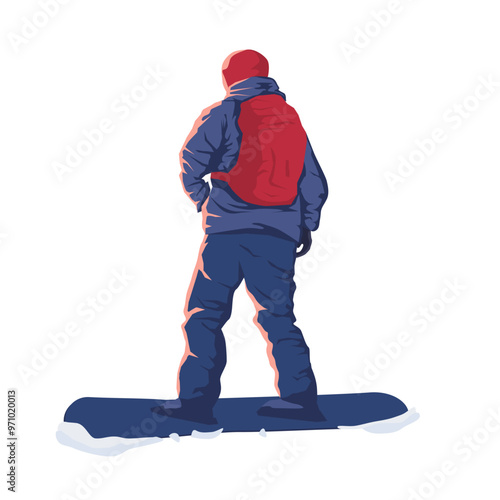A snowboarder in winter attire stands on their board, gazing at a snowy landscape, prepared for an exciting ride down the slope under a clear sky.