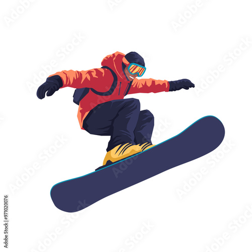 A snowboarder in a vibrant jacket and goggles executes a stylish jump above the snow-covered slope, showcasing skill and excitement in winter sports.