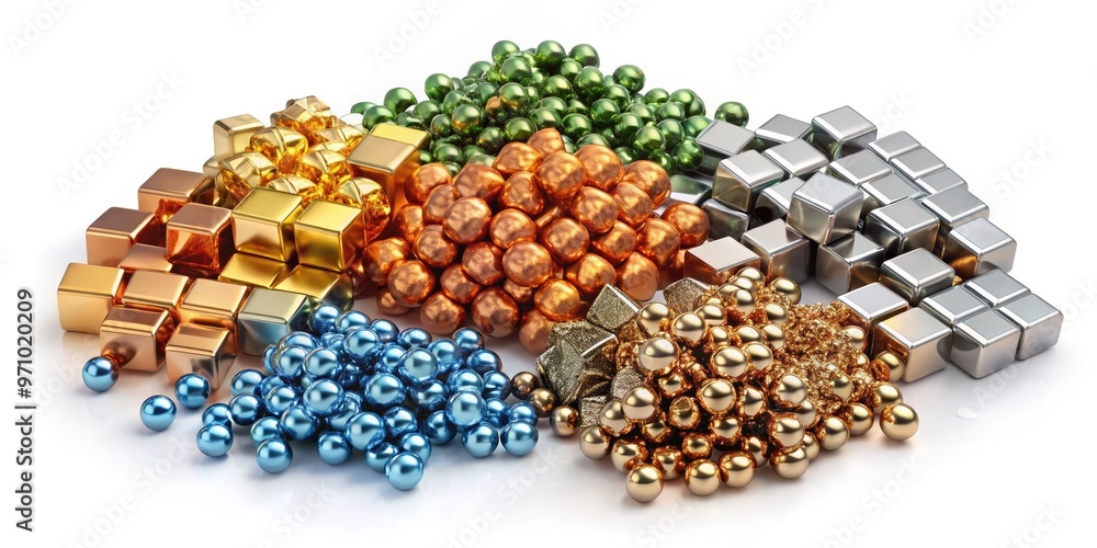 Colorful abstract arrangement of elemental symbols and metallic samples ...