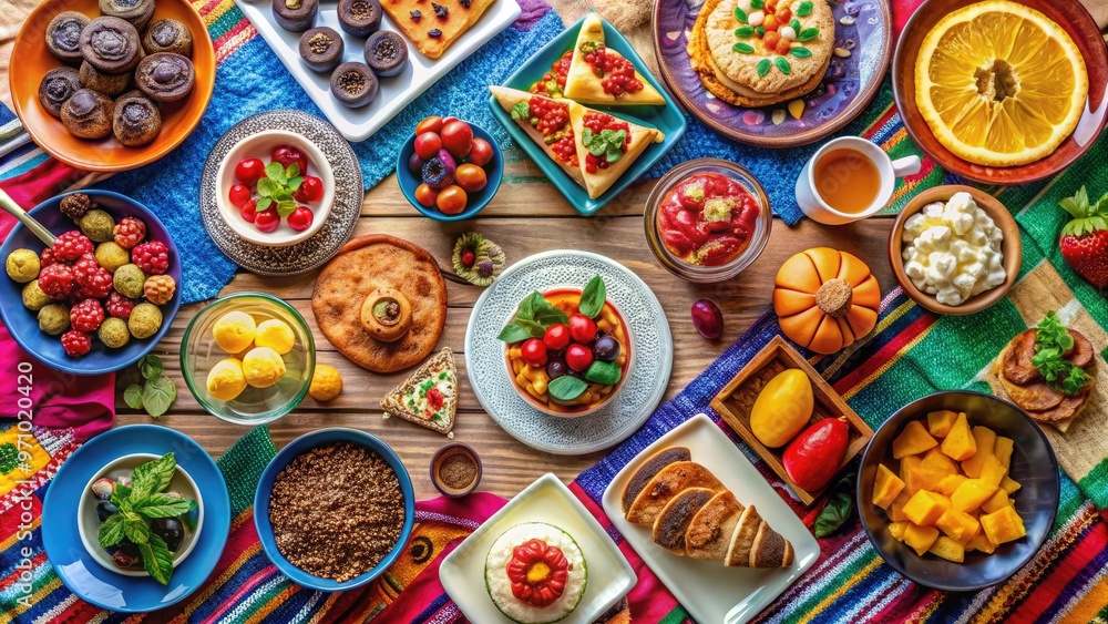 Colorful array of diverse dishes and desserts arranged on a table, with empty plates and utensils, surrounded by decorative napkins and a vibrant tablecloth. Colorful array of diverse dishes and desserts arranged on a table, with empty plates and utensils, surrounded by decorative napkins and a vibrant tablecloth.