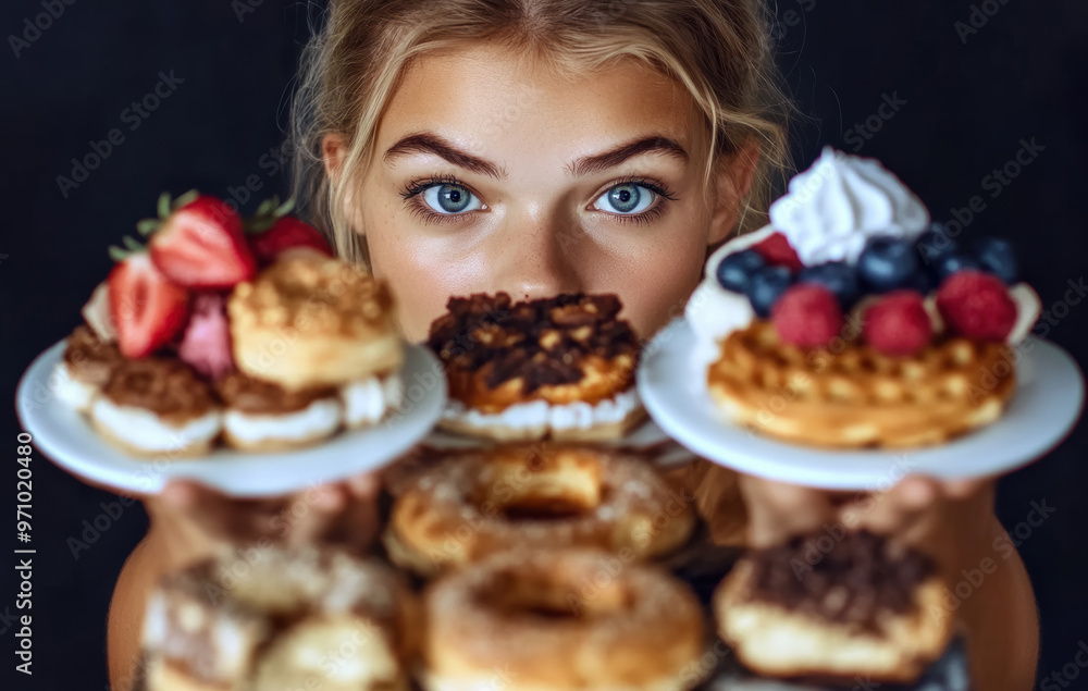a girl holding a plate of food, which includes baked goods, desserts, pastries, fruits, and buns. The person appears to be indoors a girl holding a plate of food, which includes baked goods, desserts, pastries, fruits, and buns. The person appears to be indoors