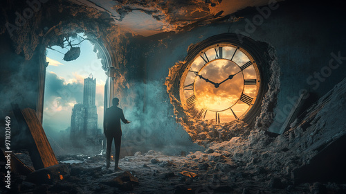 A huge clock, partially destroyed, symbolizes the steadfastness of time in the midst of chaos. A lone human figure walks through a broken landscape.