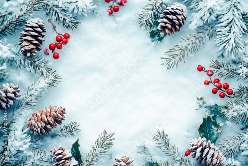 Wallpaper Mural Winter composition featuring snow-covered pine branches, frosted pine cones, and red berries arranged around a blank snowy center, creating a festive and natural holiday frame Torontodigital.ca