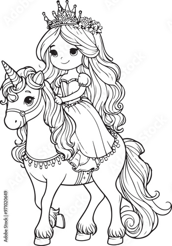 A princess sit on a unicorn lineart coloring book illustration for kids