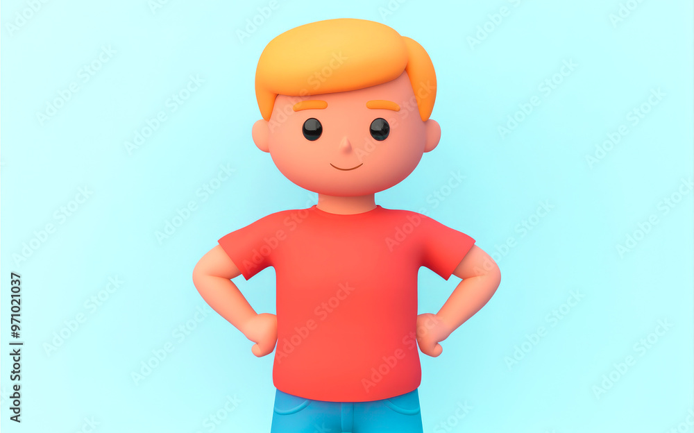 A 3D rendered image of a smiling child with blonde hair and hands on hips showing confidence and happiness against a blue background. A 3D rendered image of a smiling child with blonde hair and hands on hips showing confidence and happiness against a blue background.