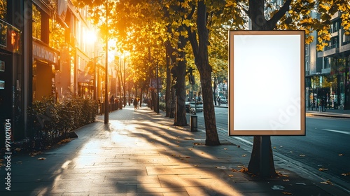 Fototapeta Naklejka Na Ścianę i Meble -  An urban street scene with a bright white blank billboard and tree-lined sidewalks, emphasizing modern city architecture and clean pedestrian pathways in sunny weather.
