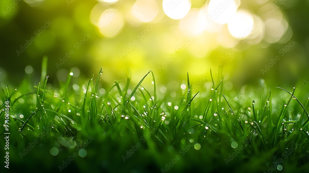 Macro photography of vibrant green grass with sunlit blades, emphasizing freshness and organic texture, highlighted by dew drops under bright natural lighting. Macro photography of vibrant green grass with sunlit blades, emphasizing freshness and organic texture, highlighted by dew drops under bright natural lighting.