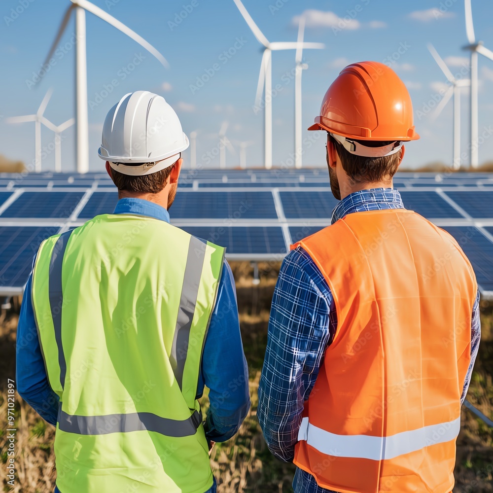 Two engineers observe solar panels and wind turbines, highlighting renewable energy's role in sustainable development. Two engineers observe solar panels and wind turbines, highlighting renewable energy's role in sustainable development.