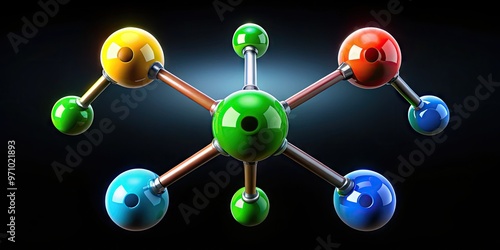 Colorful chemical structure illustration of carbon tetrafluoride, a colorless gas used as refrigerant, propellant, and semiconductor manufacturing, with fluorine and carbon atoms displayed. photo