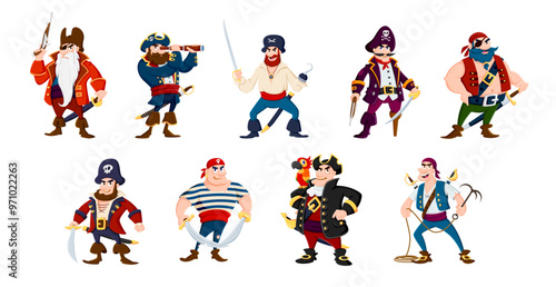 Cartoon sea pirate sailor and corsair captain characters, vector Caribbean personages. Angry man pirate or filibuster in tricorne hat with parrot, bearded buccaneer with eyepatch and hook hand or leg