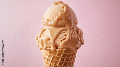 A waffle cone filled with vanilla ice cream and caramel sauce on a pink background.