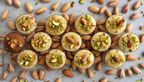 Decadent Arabic Pistachio Firni with Almonds and Mahalabia Topping on an Elegant Dessert Table photo