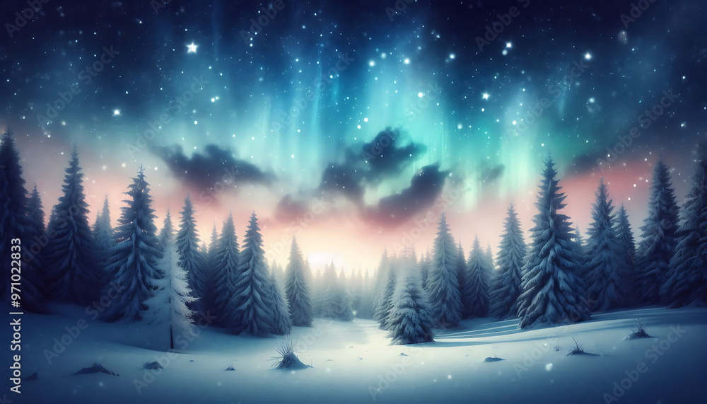 Fototapeta premium Winter landscape featuring a dense forest of snow covered pine trees under a night sky with stars