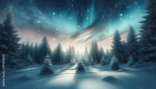 Winter landscape featuring a dense forest of snow covered pine trees under a night sky with stars