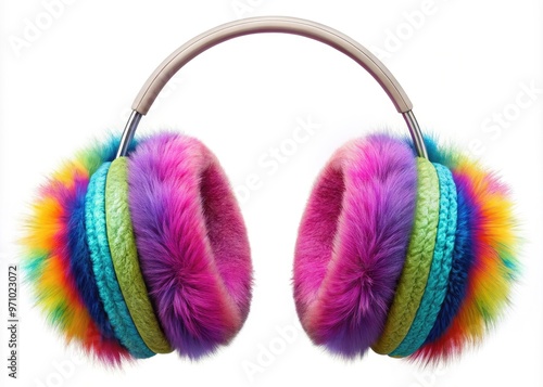 Colorful illustration of a pair of ear muffs with a clip attachment, isolated on a white background, perfect for winter or audio-related designs. photo