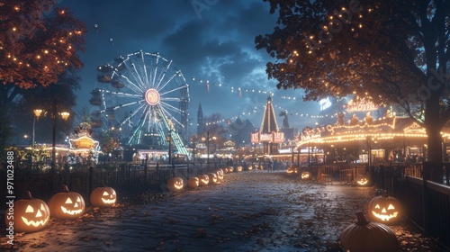 Halloween carnival set up at an old amusement park glowing rides photo