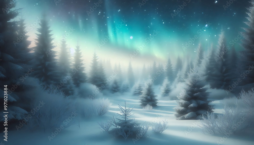 Winter landscape featuring a dense forest of snow covered pine trees under a night sky with stars Winter landscape featuring a dense forest of snow covered pine trees under a night sky with stars
